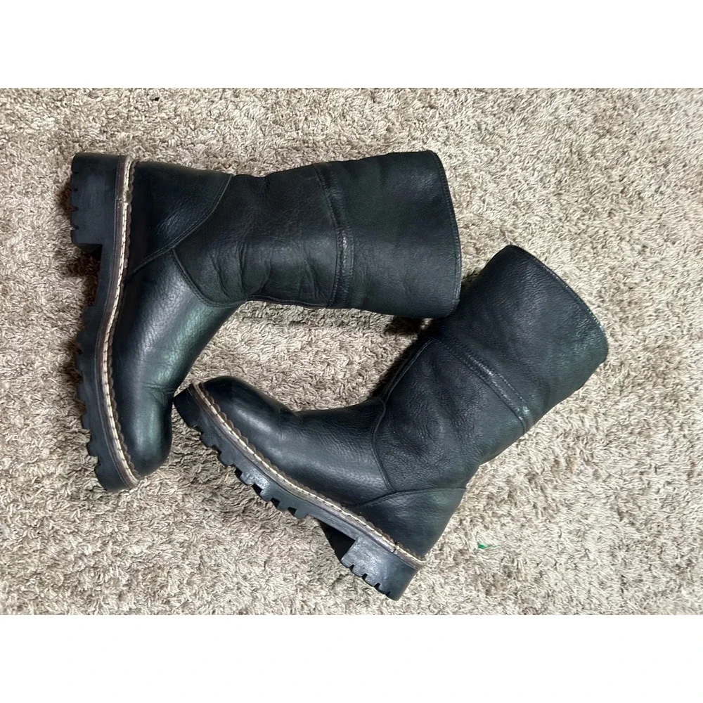 Vintage Blondo Black Leather Shearling Winter Boot Lug Sole 7 Utility Boho Apres